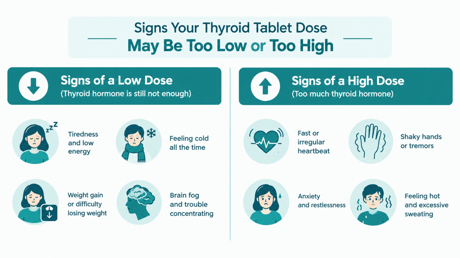Infographic showing signs of a low or high thyroid tablet dose